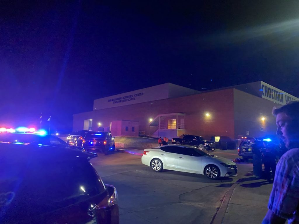 Police and firefighters respond to a shooting during a Del City - Choctaw football game on Aug. 25 at Choctaw High School. Photo by Jeff Harrison