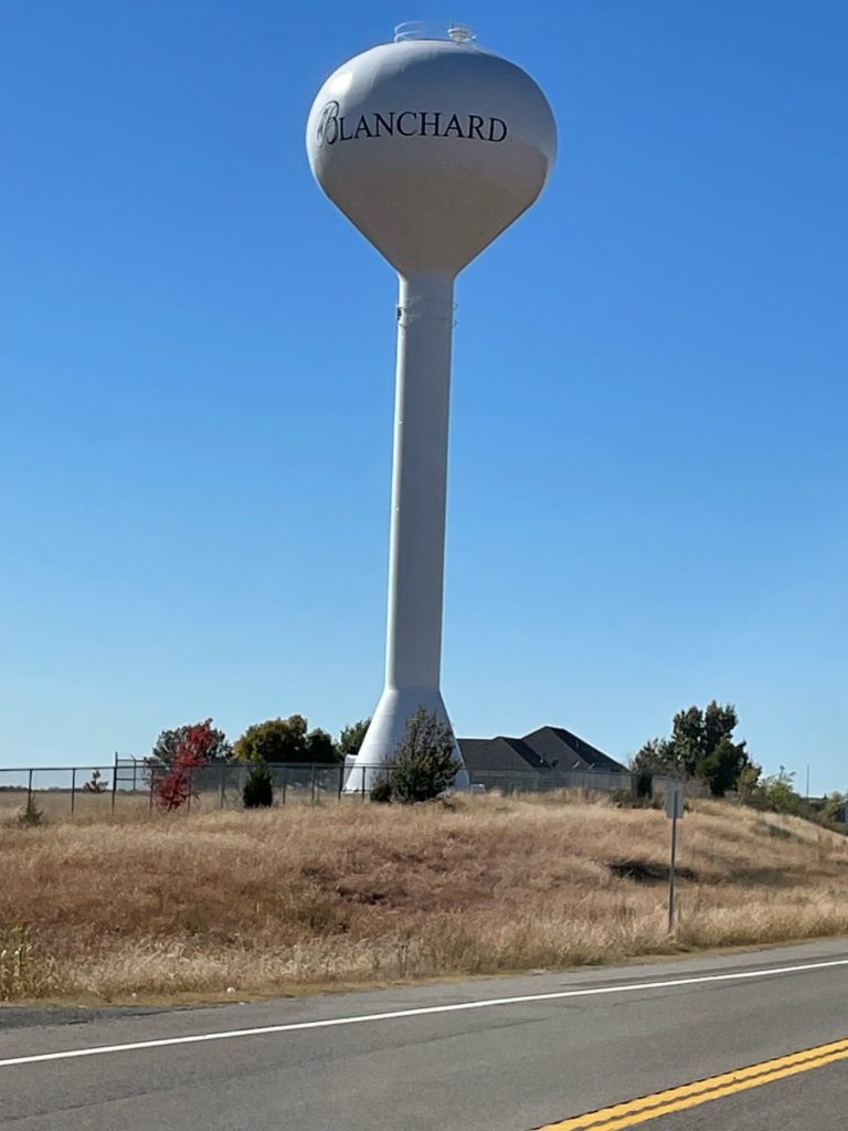 The City of Blanchard water tower stands tall above the community. (Photo by Tony Strickland)