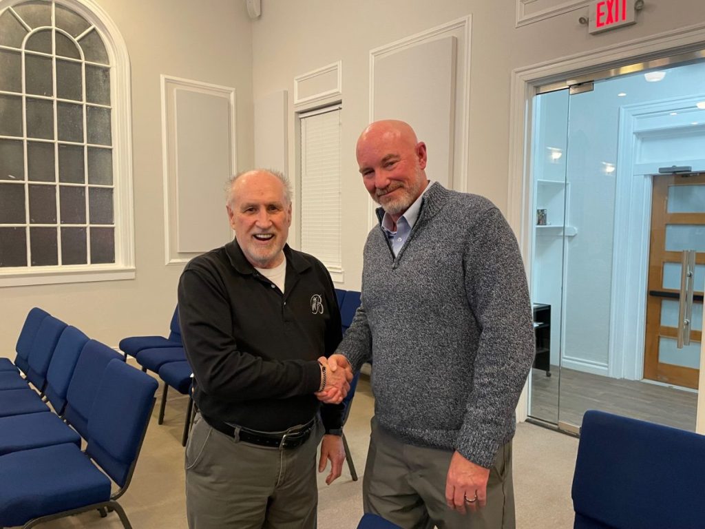 Longtime city manager Robert Floyd, left, welcomes Roger Kolman. Kolman will take the helm of Blanchard City HAll when Floyd retires at the change of the fiscal year, July 1. (PHOTO BY TONY STRICKLAND)