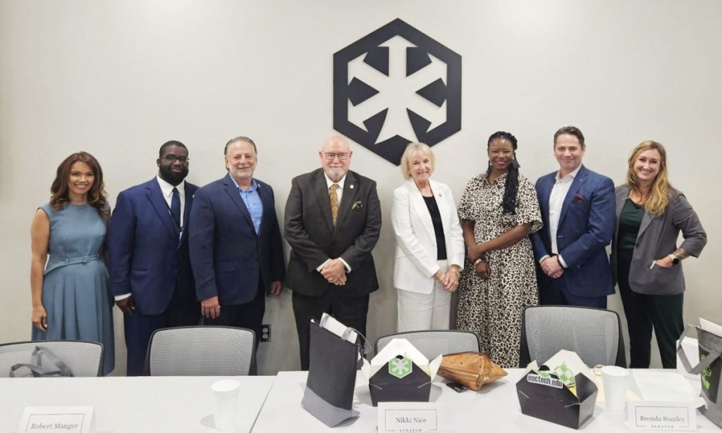 The Choctaw Area Chamber of Commerce welcomed a panel of lawmakers to Eastern Oklahoma County Technology Center last Thursday. From left to right: Estela Hernandez, John Pettis Jr., State Representative John George, State Representative Robert Manger, State Senator Brenda Stanley, State Senator Nikki Nice, Jason Constable and Brandi Buys. (PHOTO BY RYAN HORTON)