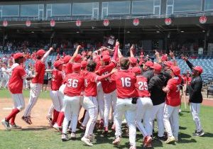 Carl Albert baseball players and coaches celebrate after winning the Class 5A state championship Saturday at ONE OK Field in Tulsa. Photo by Ron Lane