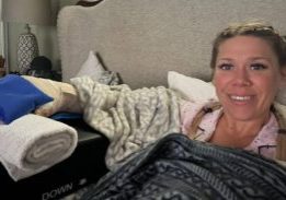 Bridge Creek resident Jessica Kies rests at home June 22 with her injured right hand elevated after a fireworks explosion severed two of her fingers three days earlier. Kies posted the photo while thanking family, friends and community members for an outpouring of meals, assistance and encouragement. 